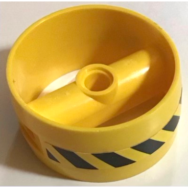 yellow cylinder 4 x 4 x 1 2 3 with pin holes and center bar with black and yellow danger stripes pattern on both sides stickers - set 70656