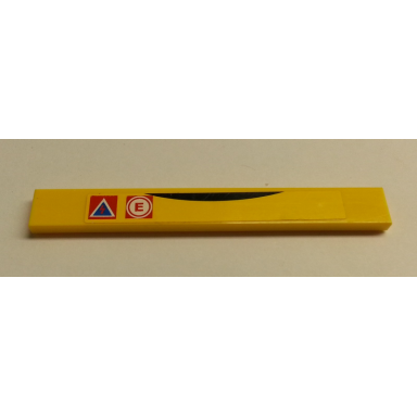 yellow tile 1 x 8 with black bow red e and red arrow in blue triangle kill switch pattern sticker - set 8183
