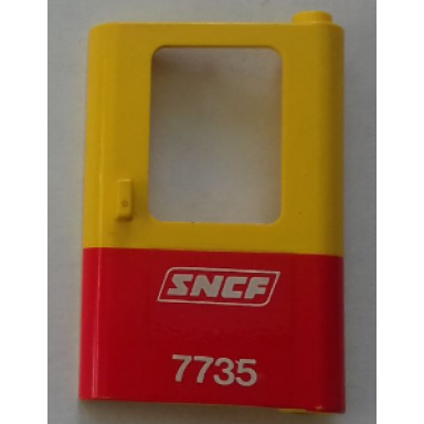 yellow door 1 x 4 x 5 train right thin support at bottom with red bottom half and white sncf 7735 pattern sticker - set 7735