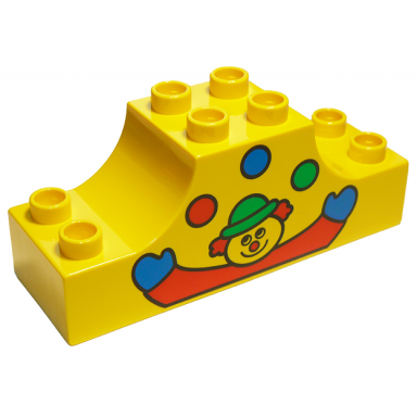 yellow duplo brick 2 x 6 x 2 arch inverted double with clown juggling red blue and green balls pattern