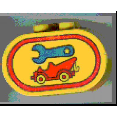 yellow duplo brick 2 x 4 x 2 rounded ends with tool and tow truck pattern