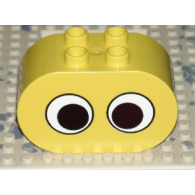 yellow duplo brick 2 x 4 x 2 rounded ends with 2 eyes pattern