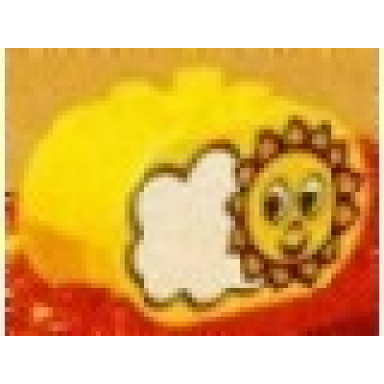 yellow duplo brick 2 x 4 x 2 rounded ends with sun and cloud pattern