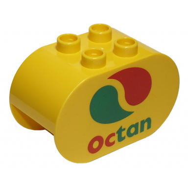 yellow duplo brick 2 x 4 x 2 rounded ends with octan logo pattern