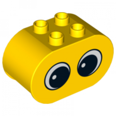yellow duplo brick 2 x 4 x 2 rounded ends with 2 eyes with pupils pattern
