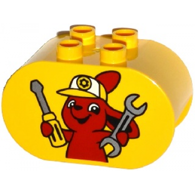 yellow duplo brick 2 x 4 x 2 rounded ends with bunny rabbit holding wrench and screwdriver pattern