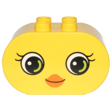 yellow duplo brick 2 x 4 x 2 rounded ends with small beak and eyes with eyelashes pattern 10817