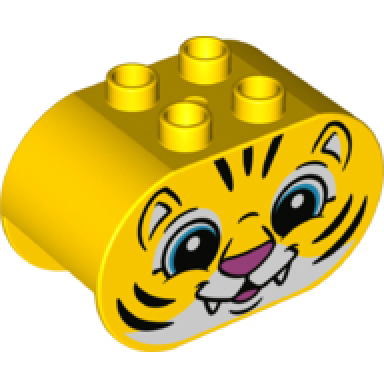 yellow duplo brick 2 x 4 x 2 rounded ends with tiger face pattern