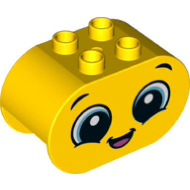 yellow duplo brick 2 x 4 x 2 rounded ends with happy face and sad face on reverse pattern