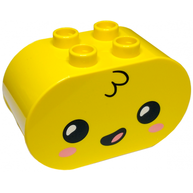 yellow duplo brick 2 x 4 x 2 rounded ends with black eyes with white pupils tuft of hair and coral cheeks and tongue pattern