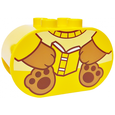 yellow duplo brick 2 x 4 x 2 rounded ends with medium nougat and reddish brown paws and hands holding book bright light yellow top pattern