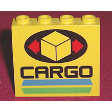 yellow panel 1 x 4 x 3 - hollow studs with box and red arrows on black oval cargo blue and green stripes pattern