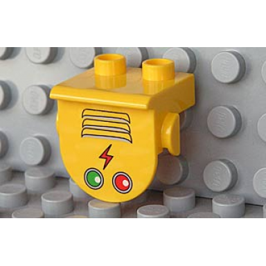 yellow duplo plate 1 x 2 with overhang with grille lightning bolt and green and red lights pattern