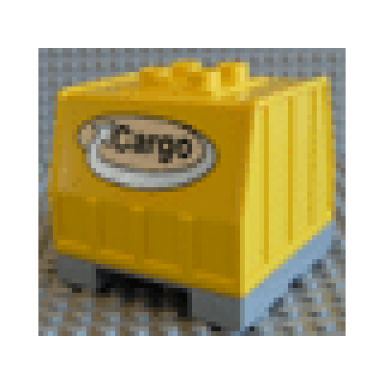 yellow duplo train freight container on pearl light gray palette with black cargo on white oval with silver curved arrow pattern on both sides