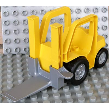 yellow duplo forklift truck with large and small black wheels and black forklift plate