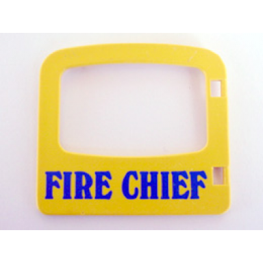 yellow duplo door window pane 1 x 4 x 3 with single pane and interior top clip with blue fire chief pattern