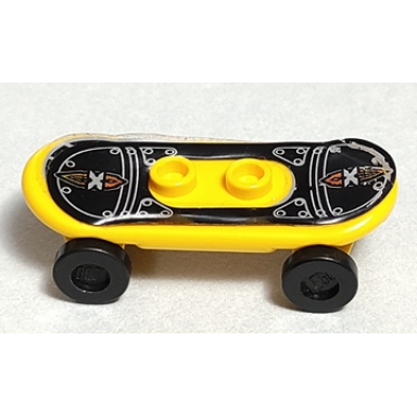 yellow minifigure utensil skateboard deck with island xtreme stunts logo and rivets on black background pattern sticker with black wheels 42511pb17 2496 - set 6740