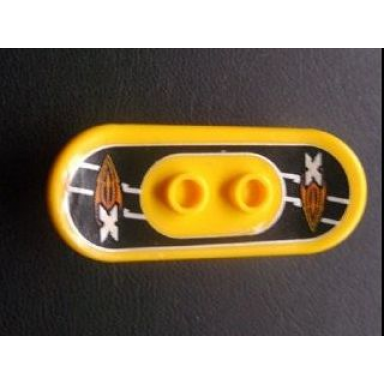 yellow minifigure utensil skateboard deck with island xtreme stunts logo on black background pattern sticker - set 6740