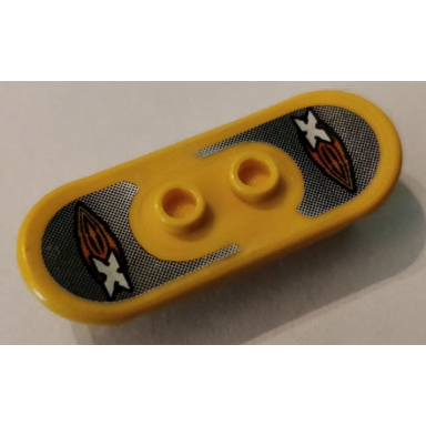 yellow minifigure utensil skateboard deck with island xtreme stunts logo on black and silver grip tape pattern sticker - set 6734