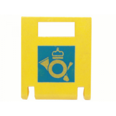 yellow container box 2 x 2 x 2 door with slot with mail horn logo on blue square pattern