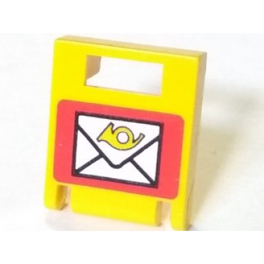 yellow container box 2 x 2 x 2 door with slot with white envelope with yellow horn on red background pattern