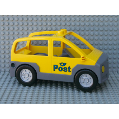 yellow duplo car with 2 studs on roof dark bluish gray base and post pattern
