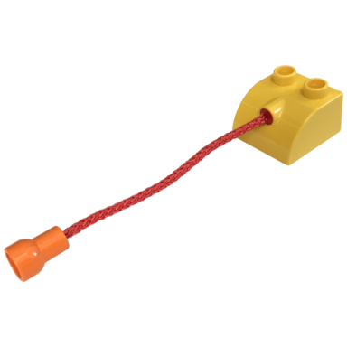 yellow duplo brick 2 x 2 slope curved with hole connector with 6l red rope and orange stud holder