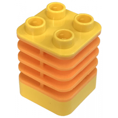 yellow duplo brick 2 x 2 x 2 ribbed - center inset from edge with molded flexible rubber medium orange fins pattern