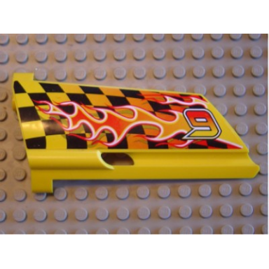 yellow technic panel fairing 21 large long small hole side b with 9 and flame pattern sticker - set 8376