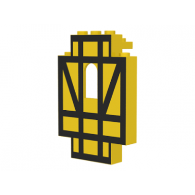 yellow panel 2 x 5 x 6 wall with window with black half-timbered frame pattern