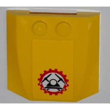 yellow wedge 4 x 4 x 2 3 triple curved with miners logo helmet with crossed pickaxes in gear pattern sticker - sets 4200 4201