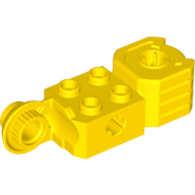 yellow technic brick modified 2 x 2 with axle hole rotation joint ball half vertical and fist