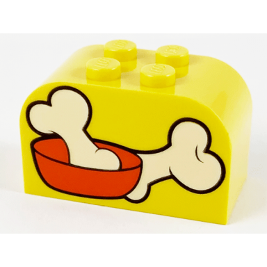 yellow slope curved 4 x 2 x 2 double with 4 studs with dog bones pattern