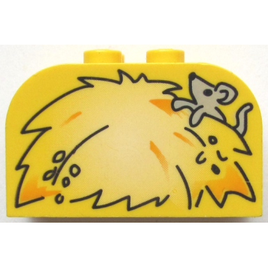 yellow slope curved 4 x 2 x 2 double with 4 studs with haystack and mouse pattern