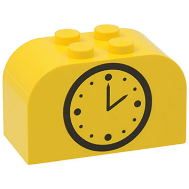 yellow slope curved 4 x 2 x 2 double with 4 studs with black clock face pattern