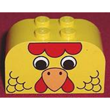 yellow slope curved 4 x 2 x 2 double with 4 studs with chicken head with eyes feathers orange beak red comb and wattle pattern