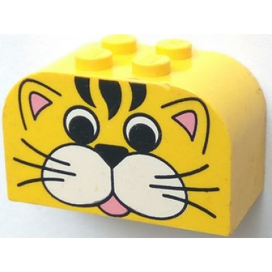 yellow slope curved 4 x 2 x 2 double with 4 studs with tiger face pattern
