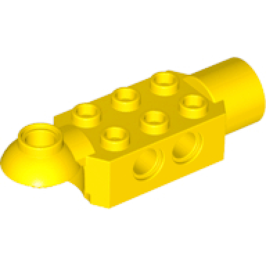 yellow technic brick modified 2 x 3 with pin holes rotation joint ball half horizontal and rotation joint socket