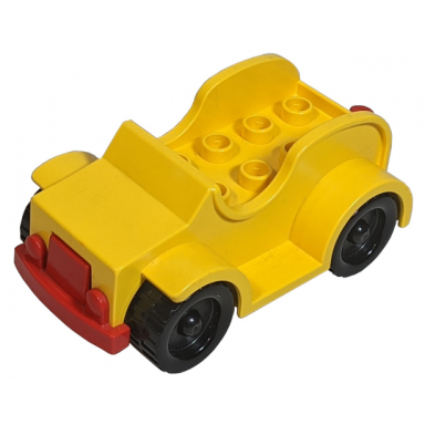 yellow duplo car with 2 x 4 studs running boards black wheels and red bumper