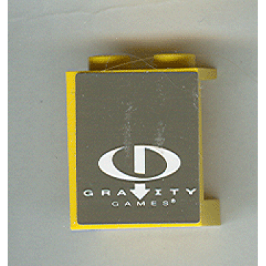 yellow panel 1 x 2 x 2 - hollow studs with white gravity games logo on dark gray background pattern sticker - set 3538