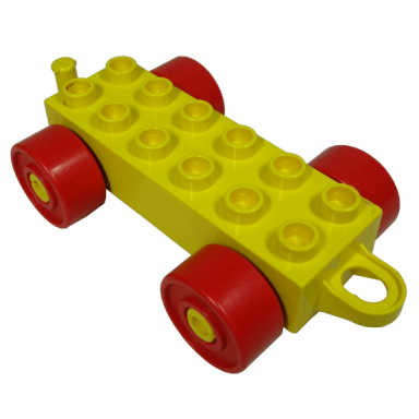 yellow duplo car base 2 x 6 with closed hitch end and red wheels