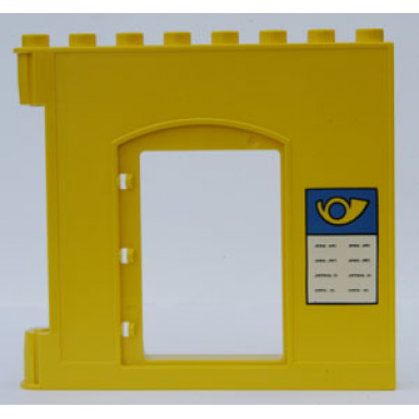 yellow duplo wall 1 x 8 x 6 hinge on left with door opening and mail horn and message board pattern