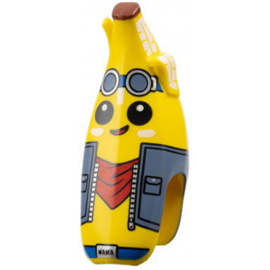 yellow minifigure head modified peeled banana with face white spots sand blue goggles and jacket with silver zipper red bandana reddish brown top and blue belt with nana on buckle pattern