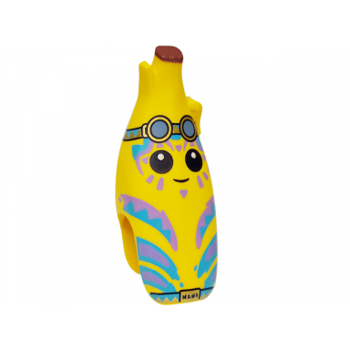yellow minifigure head modified peeled banana with face black eyes medium azure and medium lavender stripes sand blue goggles with gold rims reddish brown top and belt with nana on buckle pattern
