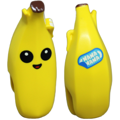 yellow minifigure head modified peeled banana with face black eyes open mouth reddish brown top and nana nana label on back pattern