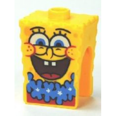yellow minifigure head modified spongebob squarepants with open mouth smile large and blue lei pattern