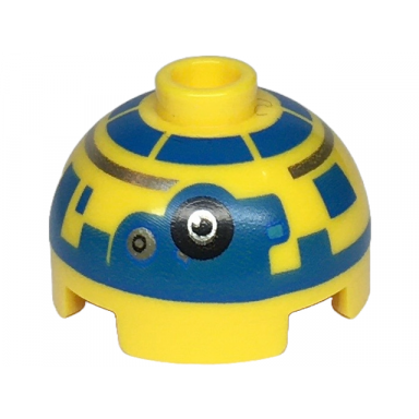 yellow brick round 2 x 2 dome top with sw new republic astromech droid blue and silver pattern