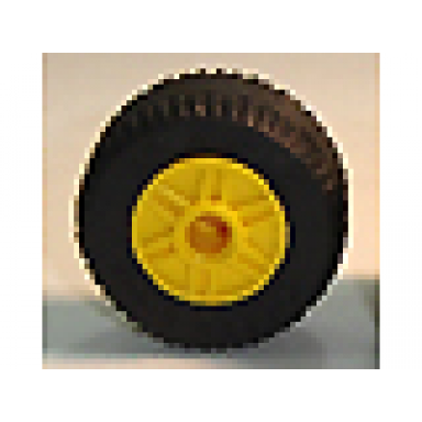 yellow wheel 18mm d x 14mm with pin hole fake bolts and shallow spokes with black tire 30.4 x 14 solid 55981 58090