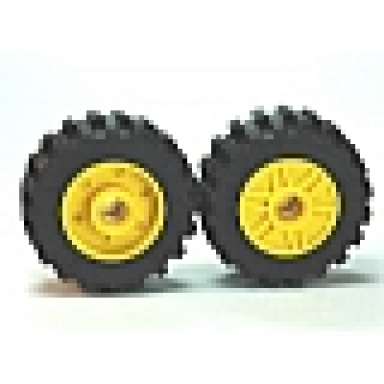 yellow wheel 18mm d x 14mm with pin hole fake bolts and shallow spokes with black tire 30.4 x 14 offset tread - band around center of tread 55981 92402