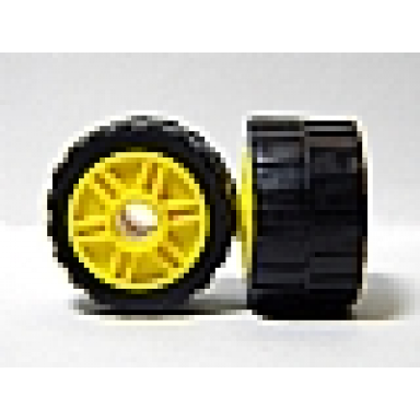 yellow wheel 18mm d x 14mm with pin hole fake bolts and shallow spokes with black tire 24 x 14 shallow tread band around center of tread 55981 89201